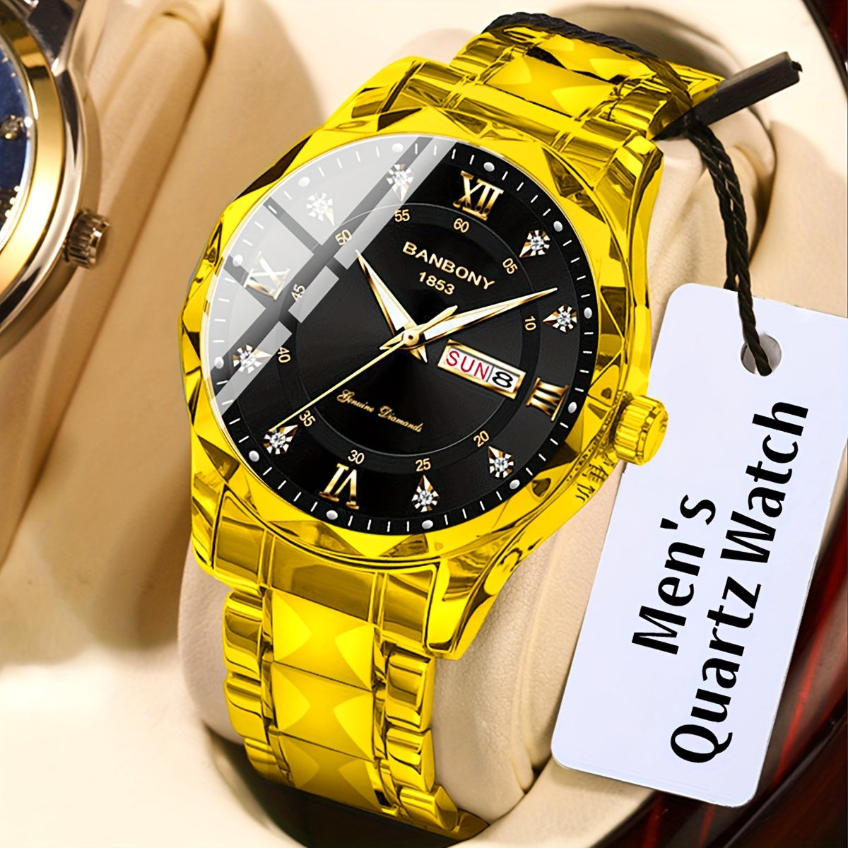 1Stainless Steel Strap Men's Roman Digital Dial Rhinestone Luminous Multi-Function Watch，Perfect for Birthday，Holiday Gift