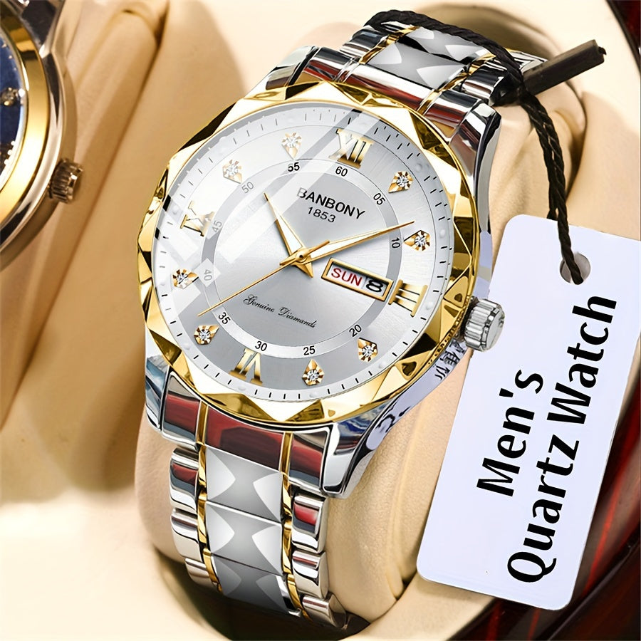 1Stainless Steel Strap Men's Roman Digital Dial Rhinestone Luminous Multi-Function Watch，Perfect for Birthday，Holiday Gift