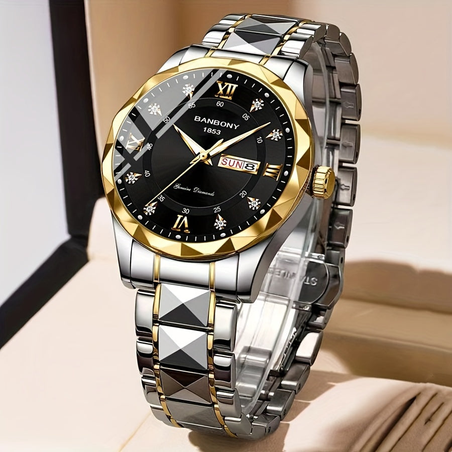 1Stainless Steel Strap Men's Roman Digital Dial Rhinestone Luminous Multi-Function Watch，Perfect for Birthday，Holiday Gift