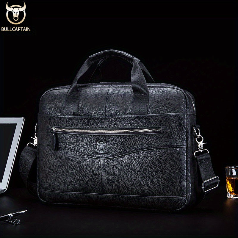 Bull Captain Men's Leather Multifunctional Briefcase Crossbody Bag，Men's Professional Briefcase