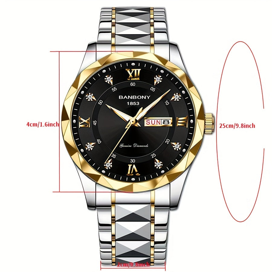 1Stainless Steel Strap Men's Roman Digital Dial Rhinestone Luminous Multi-Function Watch，Perfect for Birthday，Holiday Gift