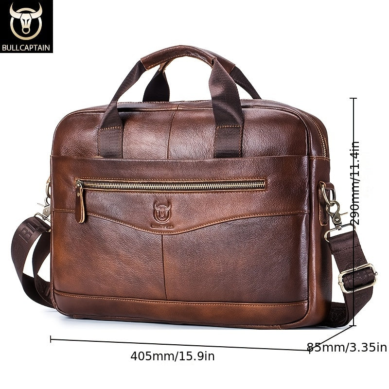 Bull Captain Men's Leather Multifunctional Briefcase Crossbody Bag，Men's Professional Briefcase