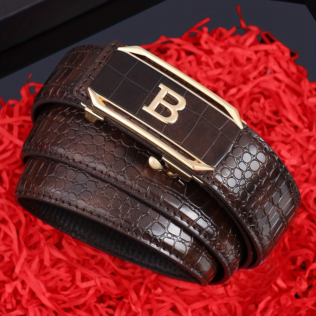 One Men's Alloy Automatic Buckle Leather Belt，Classic Crocodile Pattern，Classic Black Belt，Suitable for Casual Business Meeting Gifts for Men