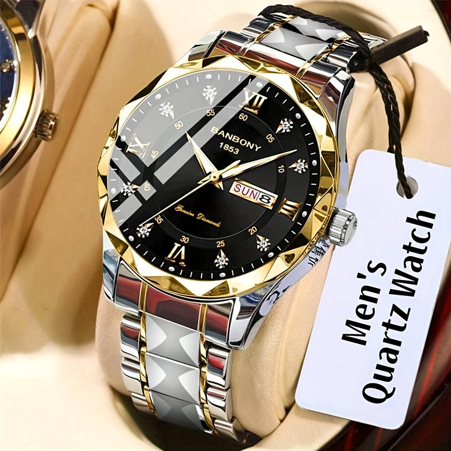 1Stainless Steel Strap Men's Roman Digital Dial Rhinestone Luminous Multi-Function Watch，Perfect for Birthday，Holiday Gift