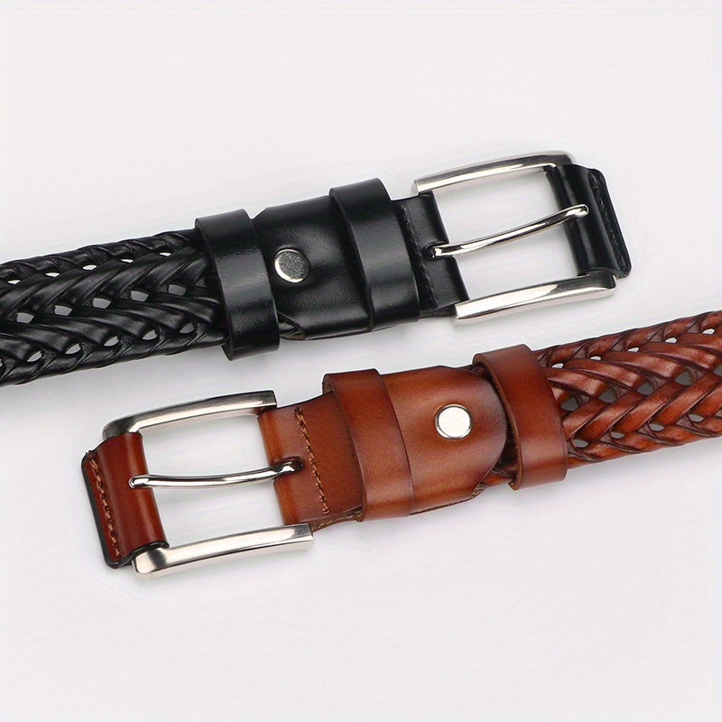 Men's Belt2Pieces，Weaving PU Leather Belt，Suitable for Men's Casual Golf Pants Polo Shirt Matching