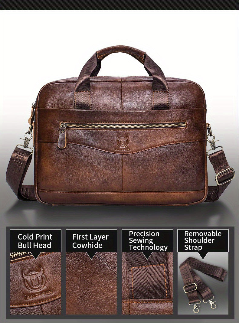 Bull Captain Men's Leather Multifunctional Briefcase Crossbody Bag，Men's Professional Briefcase