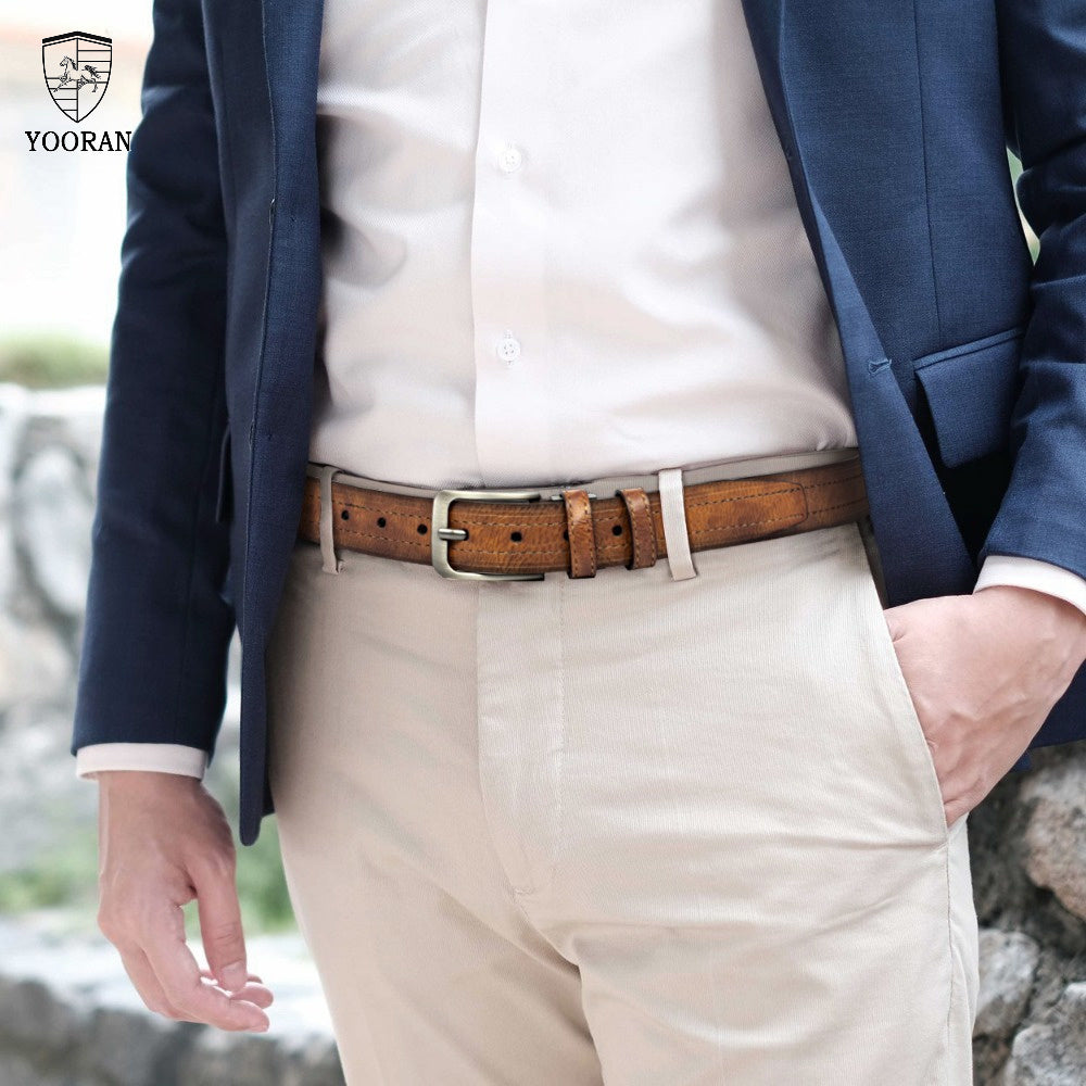 2PC YOORAN Men's Leather Belt Pin Buckle Casual Cowhide Men's Fashion Classic Retro Denim Belt Gift Band Gift Box