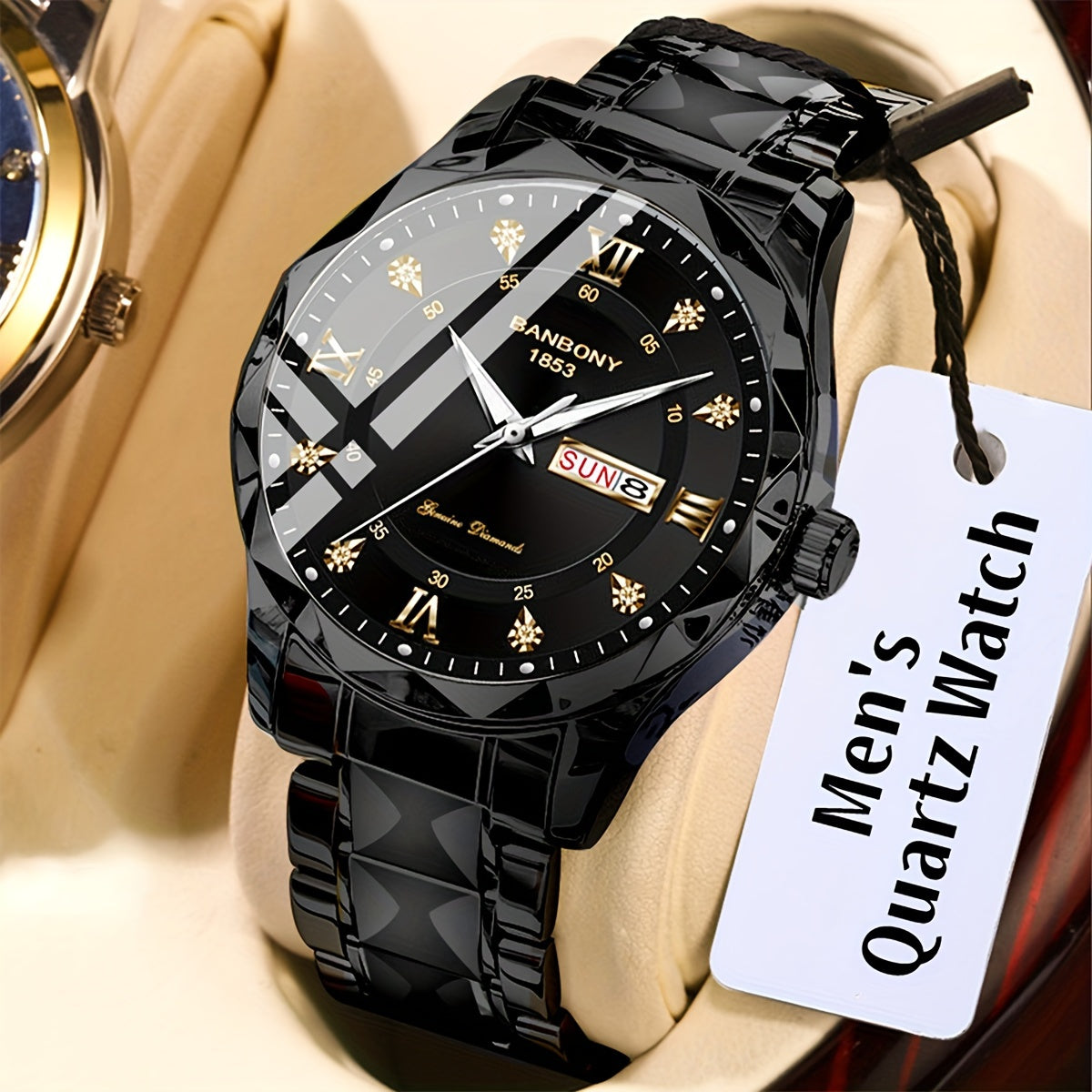 1Stainless Steel Strap Men's Roman Digital Dial Rhinestone Luminous Multi-Function Watch，Perfect for Birthday，Holiday Gift