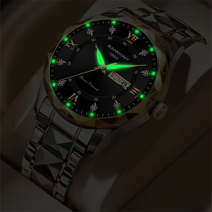 1Stainless Steel Strap Men's Roman Digital Dial Rhinestone Luminous Multi-Function Watch，Perfect for Birthday，Holiday Gift