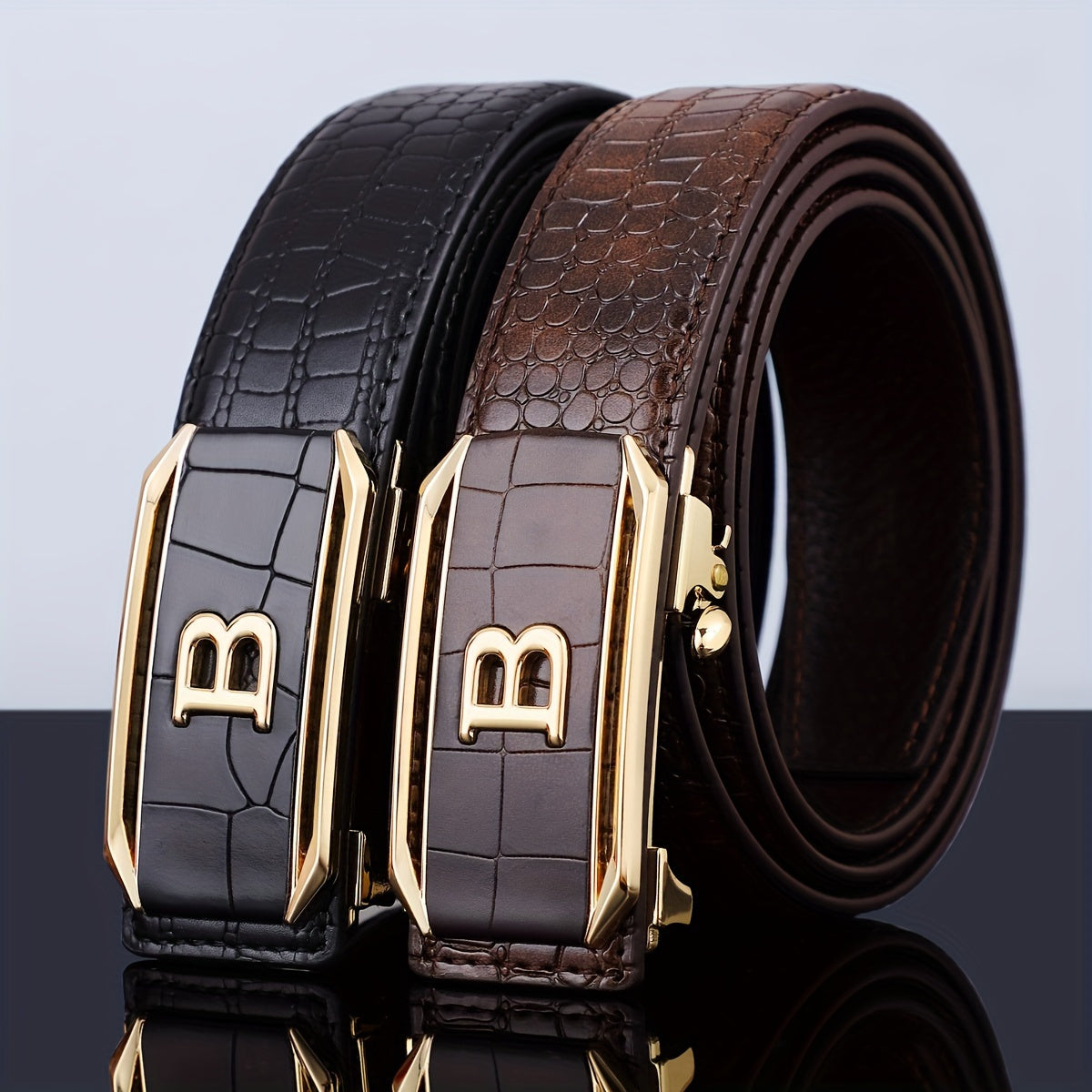 One Men's Alloy Automatic Buckle Leather Belt，Classic Crocodile Pattern，Classic Black Belt，Suitable for Casual Business Meeting Gifts for Men