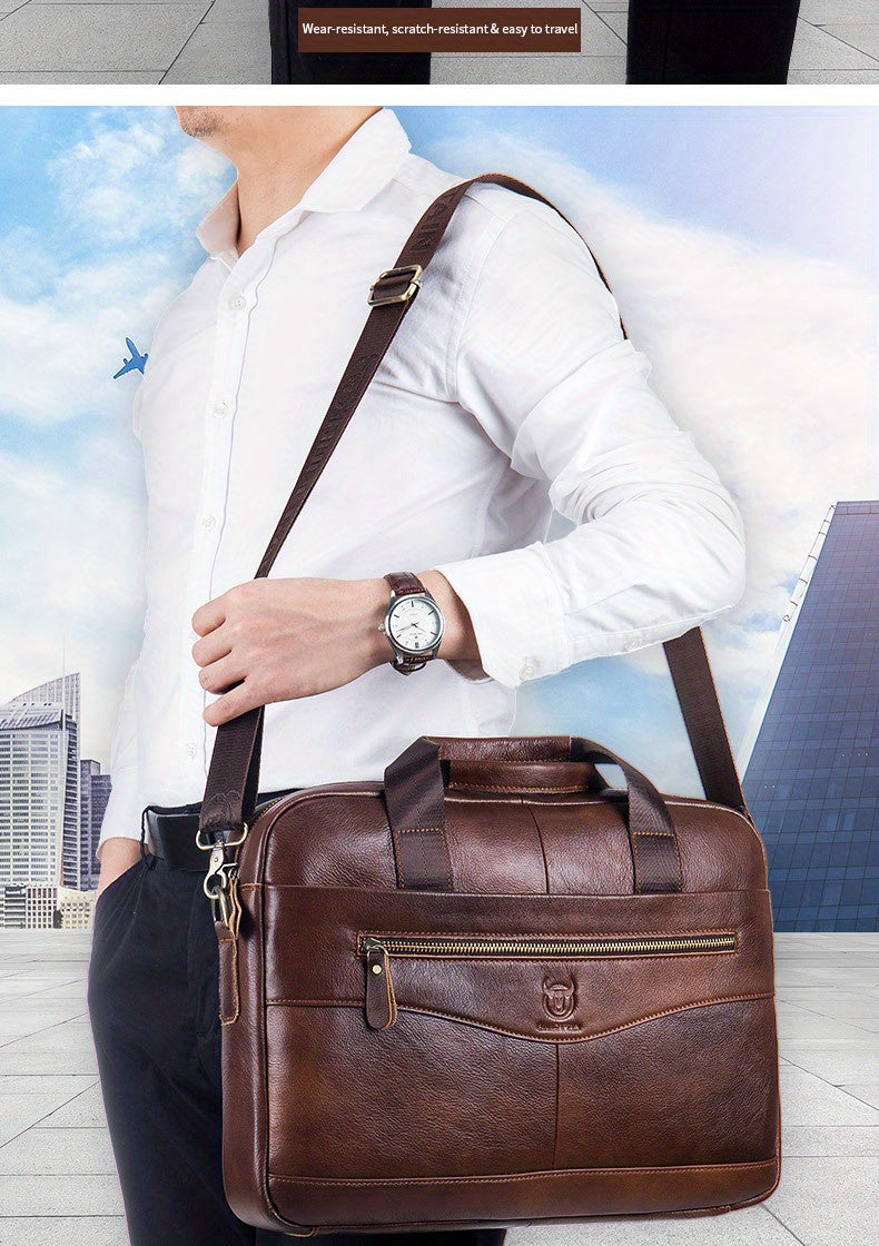 Bull Captain Men's Leather Multifunctional Briefcase Crossbody Bag，Men's Professional Briefcase