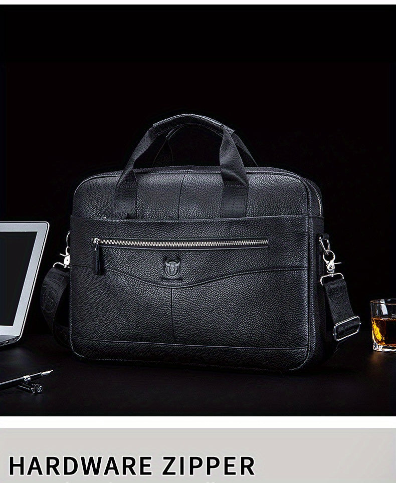 Bull Captain Men's Leather Multifunctional Briefcase Crossbody Bag，Men's Professional Briefcase