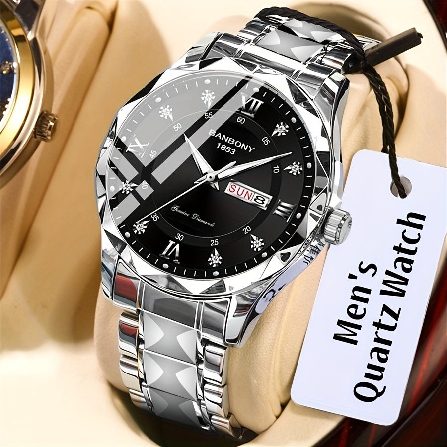 1Stainless Steel Strap Men's Roman Digital Dial Rhinestone Luminous Multi-Function Watch，Perfect for Birthday，Holiday Gift