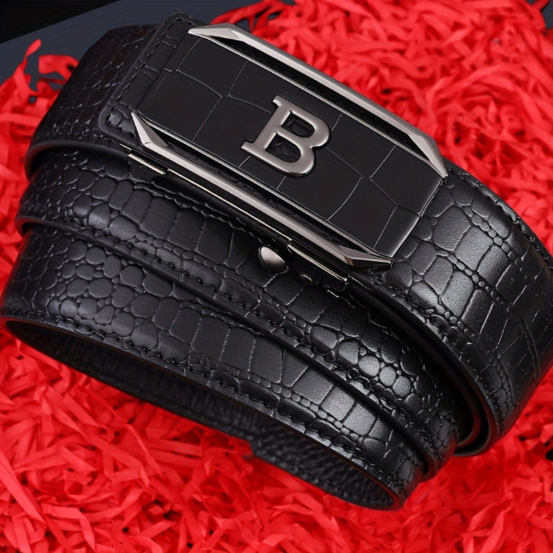 One Men's Alloy Automatic Buckle Leather Belt，Classic Crocodile Pattern，Classic Black Belt，Suitable for Casual Business Meeting Gifts for Men