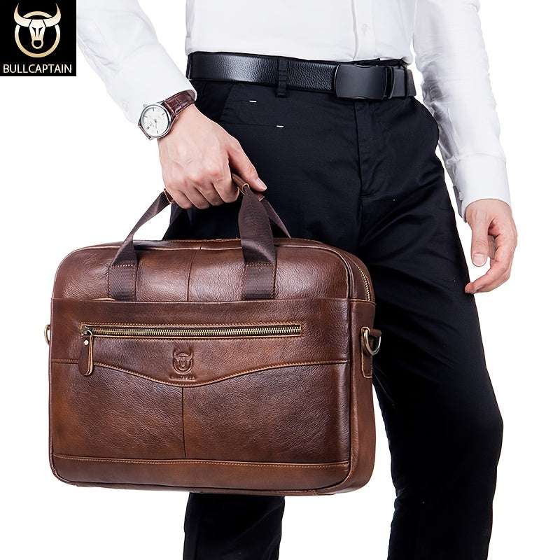 Bull Captain Men's Leather Multifunctional Briefcase Crossbody Bag，Men's Professional Briefcase