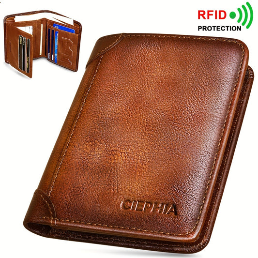 RFID Barrier Three Fold Leather Wallet for Man，Top Layer Cowhide Retro Short Multifunctional Credit Card Holder，Belt2个 ID The Wallet in the Window Gives Gifts to Men.