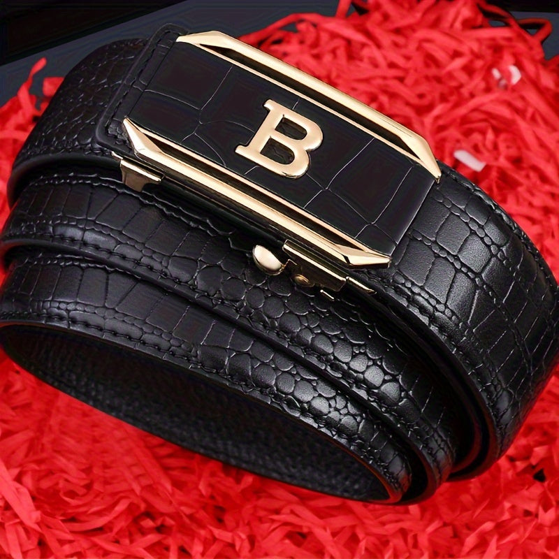 One Men's Alloy Automatic Buckle Leather Belt，Classic Crocodile Pattern，Classic Black Belt，Suitable for Casual Business Meeting Gifts for Men