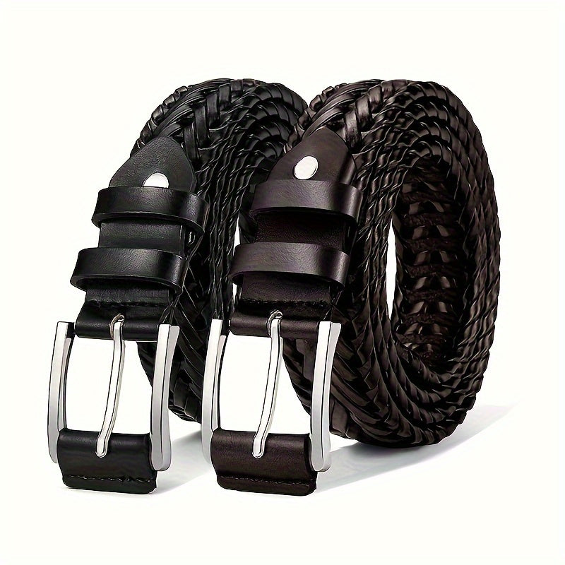 Men's Belt2Pieces，Weaving PU Leather Belt，Suitable for Men's Casual Golf Pants Polo Shirt Matching