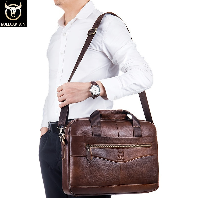 Bull Captain Men's Leather Multifunctional Briefcase Crossbody Bag，Men's Professional Briefcase