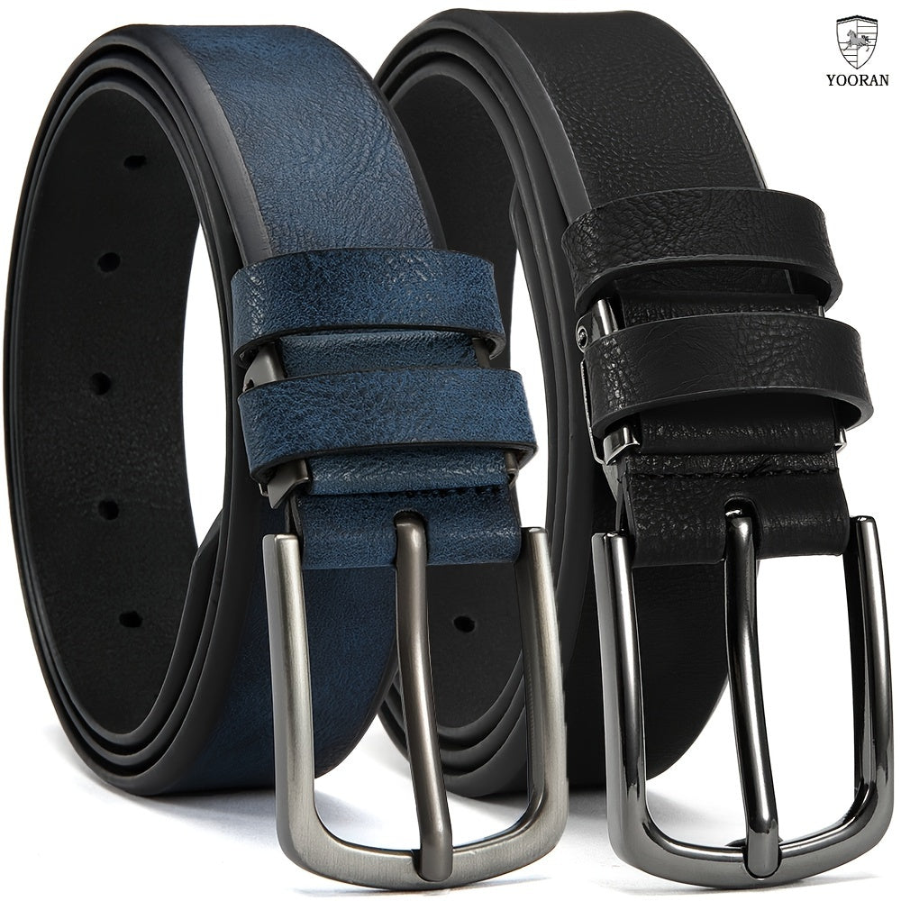 2PC YOORAN Men's Leather Belt Pin Buckle Casual Cowhide Men's Fashion Classic Retro Denim Belt Gift Band Gift Box