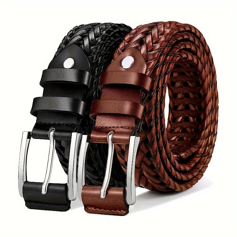 Men's Belt2Pieces，Weaving PU Leather Belt，Suitable for Men's Casual Golf Pants Polo Shirt Matching