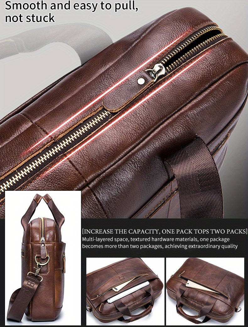 Bull Captain Men's Leather Multifunctional Briefcase Crossbody Bag，Men's Professional Briefcase