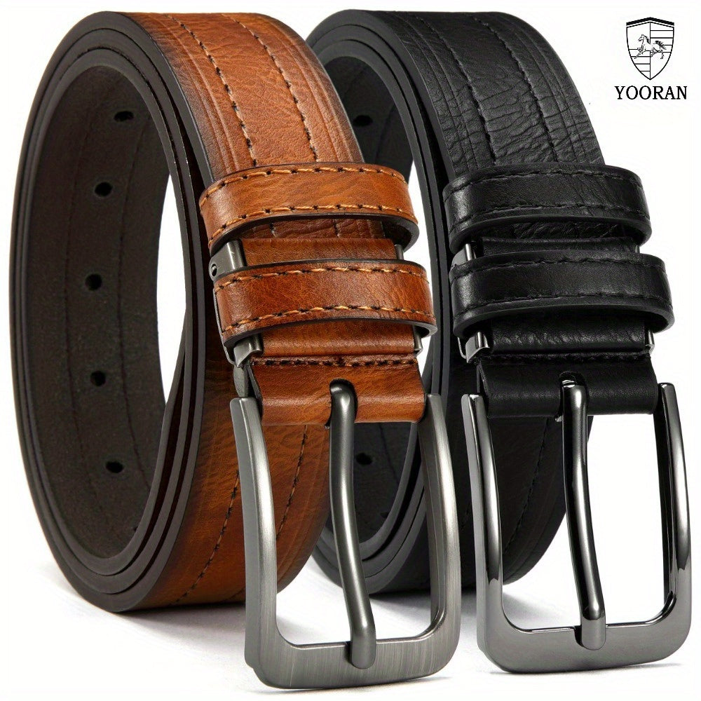 2PC YOORAN Men's Leather Belt Pin Buckle Casual Cowhide Men's Fashion Classic Retro Denim Belt Gift Band Gift Box