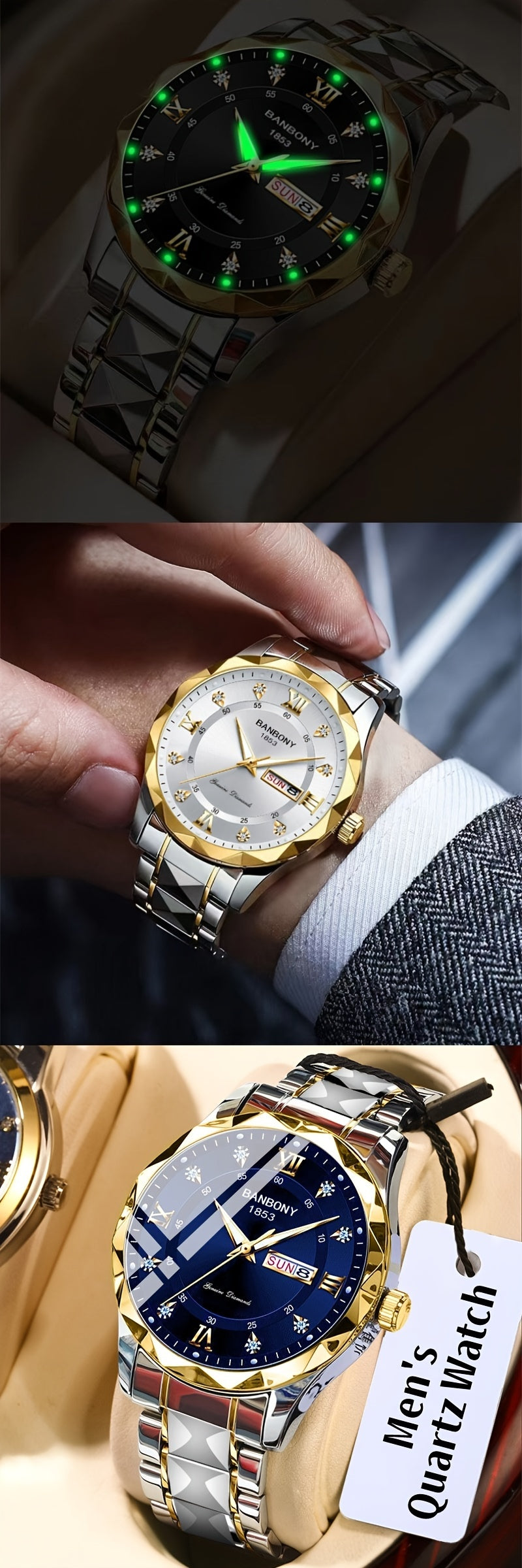 1Stainless Steel Strap Men's Roman Digital Dial Rhinestone Luminous Multi-Function Watch，Perfect for Birthday，Holiday Gift