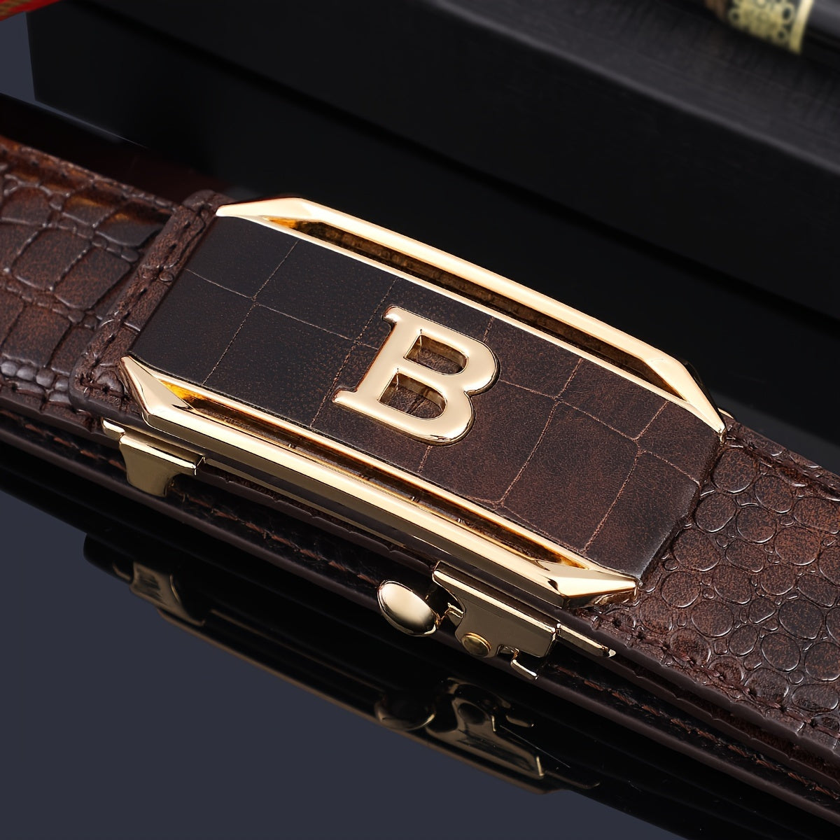 One Men's Alloy Automatic Buckle Leather Belt，Classic Crocodile Pattern，Classic Black Belt，Suitable for Casual Business Meeting Gifts for Men