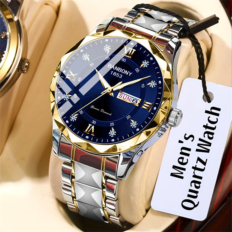 1Stainless Steel Strap Men's Roman Digital Dial Rhinestone Luminous Multi-Function Watch，Perfect for Birthday，Holiday Gift