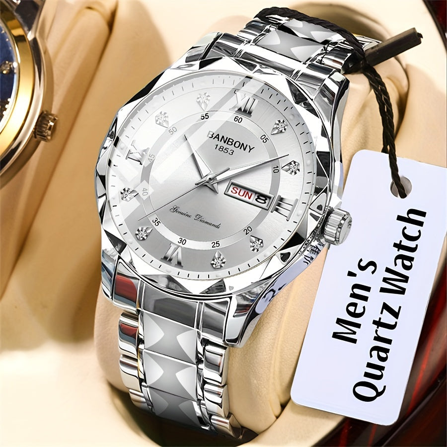 1Stainless Steel Strap Men's Roman Digital Dial Rhinestone Luminous Multi-Function Watch，Perfect for Birthday，Holiday Gift