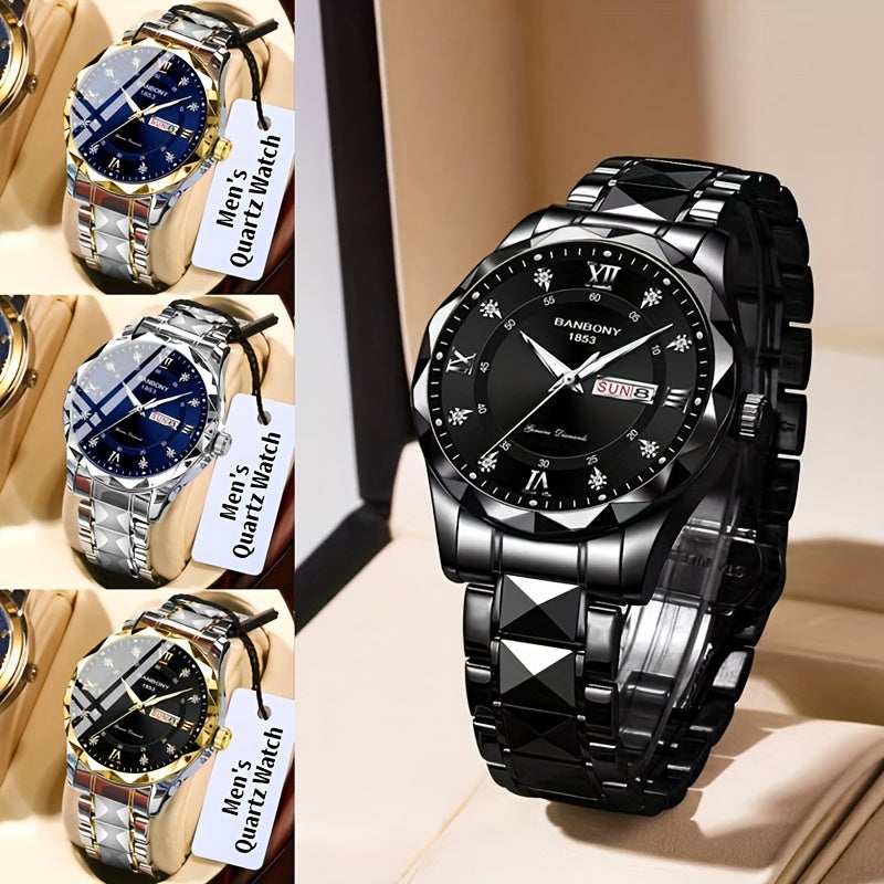 1Stainless Steel Strap Men's Roman Digital Dial Rhinestone Luminous Multi-Function Watch，Perfect for Birthday，Holiday Gift