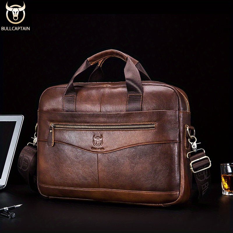 Bull Captain Men's Leather Multifunctional Briefcase Crossbody Bag，Men's Professional Briefcase