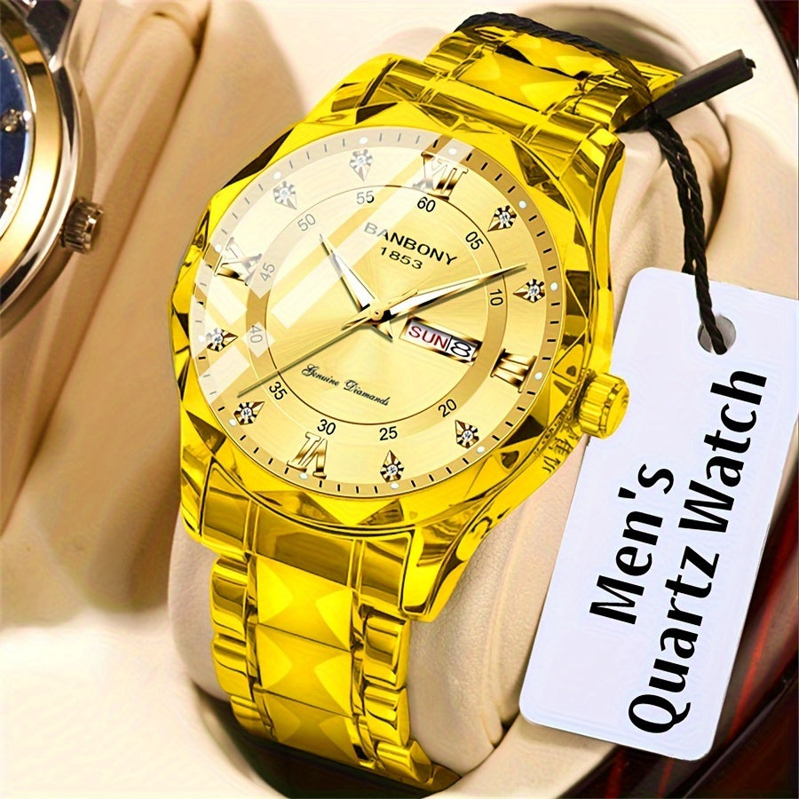 1Stainless Steel Strap Men's Roman Digital Dial Rhinestone Luminous Multi-Function Watch，Perfect for Birthday，Holiday Gift