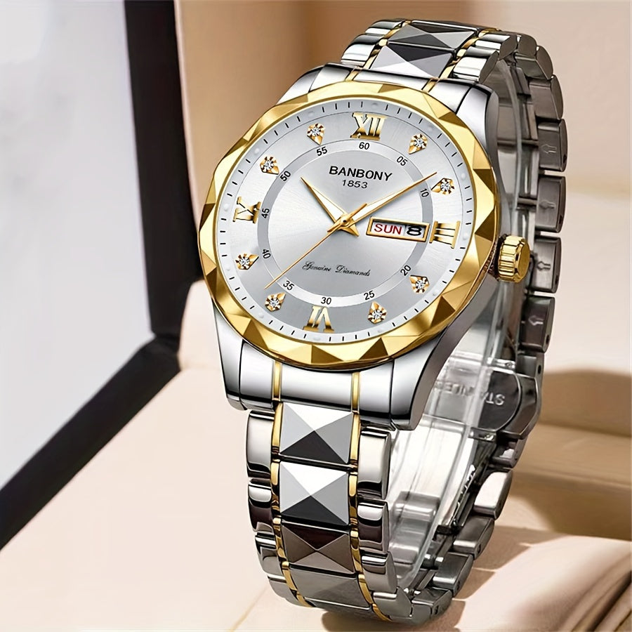 1Stainless Steel Strap Men's Roman Digital Dial Rhinestone Luminous Multi-Function Watch，Perfect for Birthday，Holiday Gift