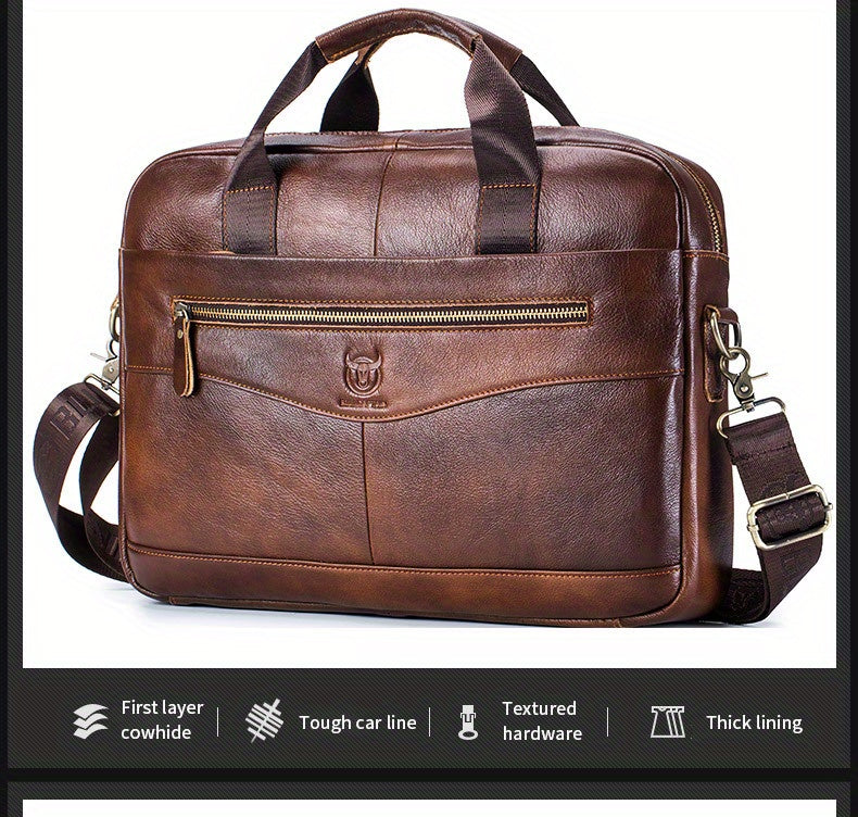 Bull Captain Men's Leather Multifunctional Briefcase Crossbody Bag，Men's Professional Briefcase