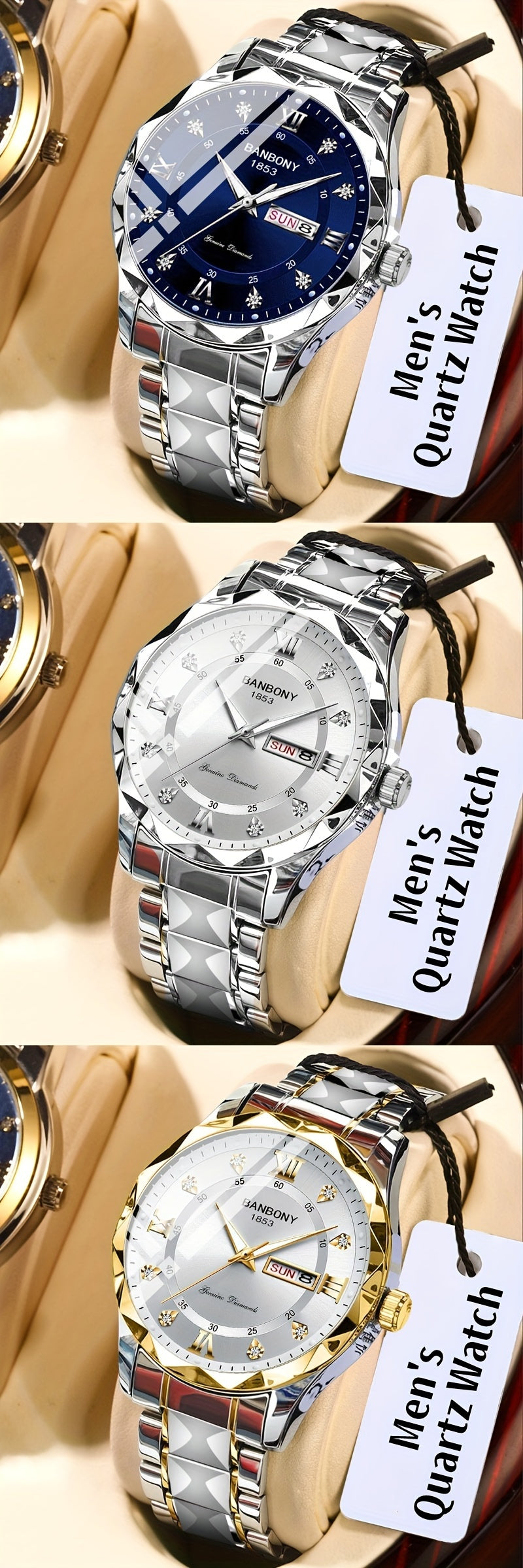 1Stainless Steel Strap Men's Roman Digital Dial Rhinestone Luminous Multi-Function Watch，Perfect for Birthday，Holiday Gift