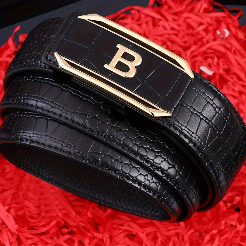 One Men's Alloy Automatic Buckle Leather Belt，Classic Crocodile Pattern，Classic Black Belt，Suitable for Casual Business Meeting Gifts for Men