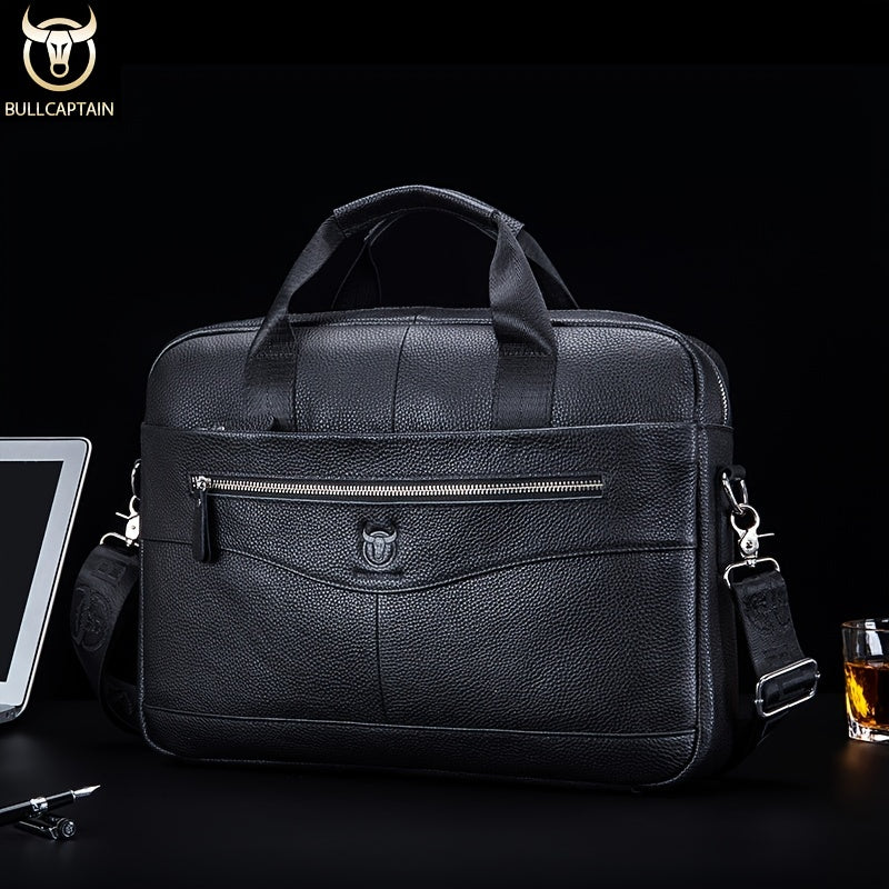 Bull Captain Men's Leather Multifunctional Briefcase Crossbody Bag，Men's Professional Briefcase